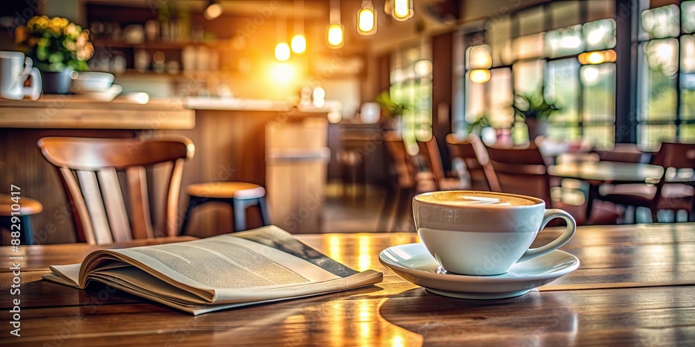 Coffee cup and newspaper on wooden table with coffee shop background, coffee, cup, newspaper, wooden table, coffee shop, mockup Coffee cup and newspaper on wooden table with coffee shop background, coffee, cup, newspaper, wooden table, coffee shop, mockup