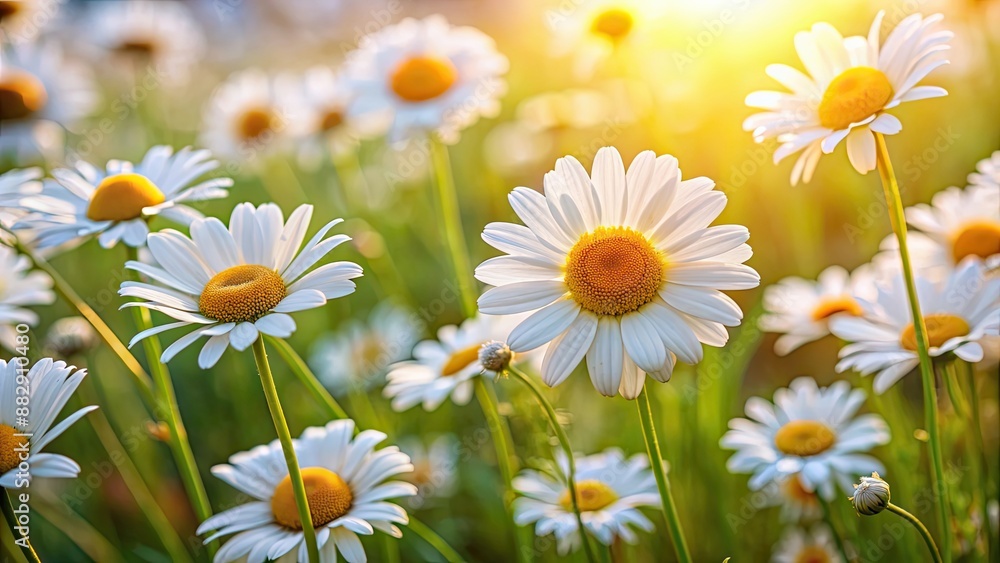 Fototapeta premium Close-up of blooming daisies in a beautiful chamomile field, daisies, flowers, blooming, close-up, nature, petals, white