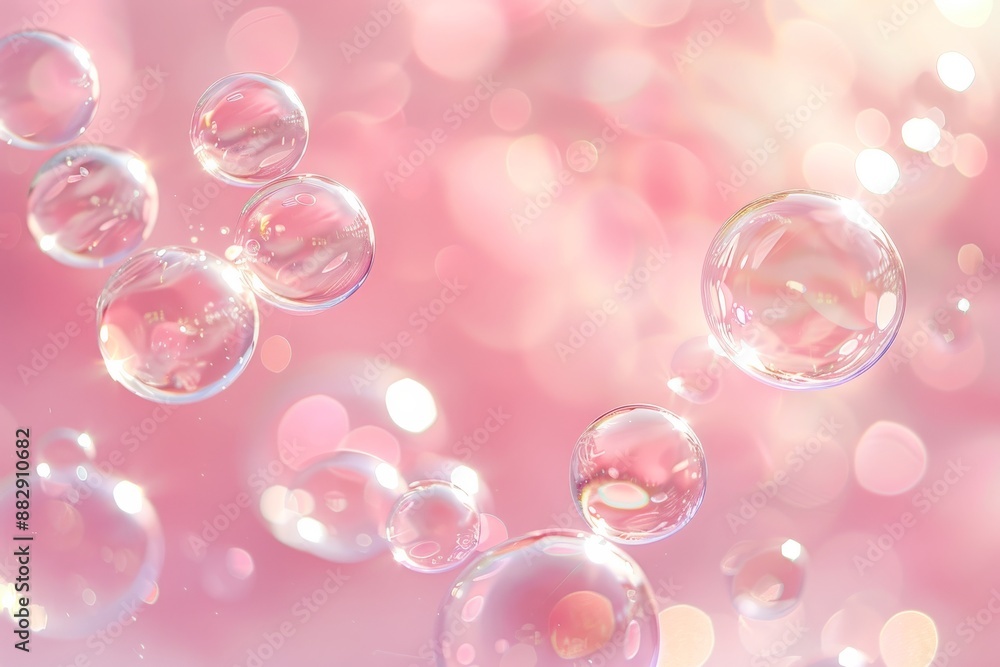 Transparent bubbles floating in a soft pink liquid, with light reflections and a bright background, digital art Transparent bubbles floating in a soft pink liquid, with light reflections and a bright background, digital art