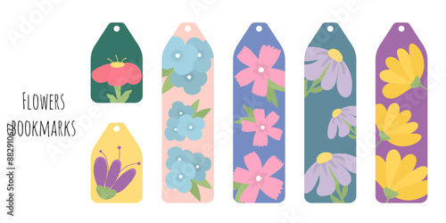 Set of 6 colorful bookmarks with decorative hand draw flowers. Flat style botanical illustration. Colorful cute kids bookmark templates for reading. Isolated on white background.	