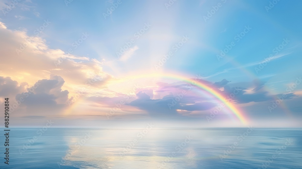 A rainbow is seen in the sky above the ocean A rainbow is seen in the sky above the ocean
