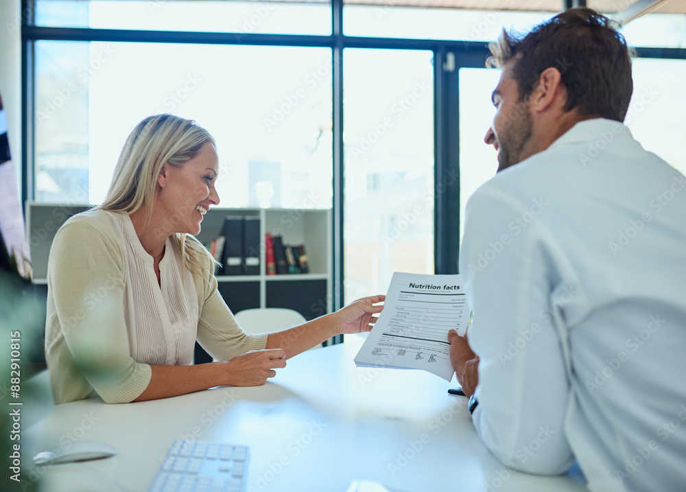 Naklejka premium Hospital, doctor and people with paper in consultation for healthy eating, benefits or diet plan. Dietician, patient and discussion with nutrition facts on document for calorie intake, advice or help