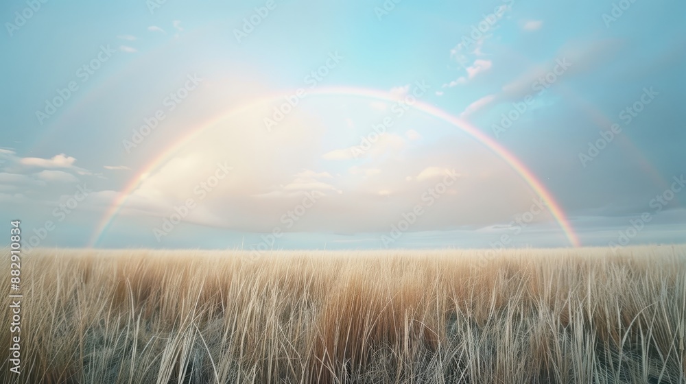 A rainbow is seen in the sky above a field of tall grass A rainbow is seen in the sky above a field of tall grass