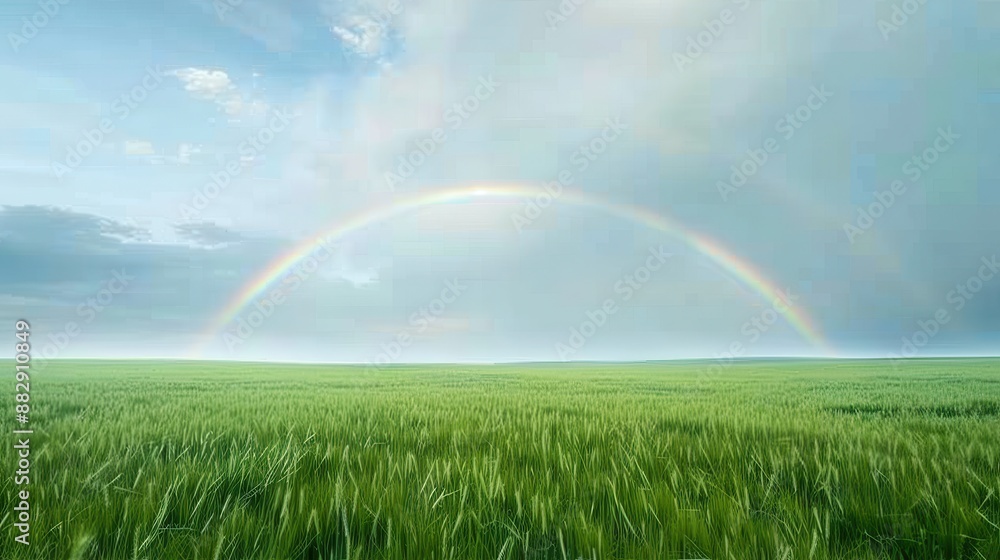 A rainbow is seen in the sky above a field of green grass A rainbow is seen in the sky above a field of green grass
