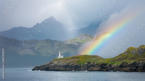 A rainbow is seen over a rocky shoreline with a lighthouse in the distance