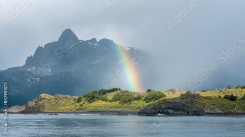 A rainbow is seen in the sky above a mountain range