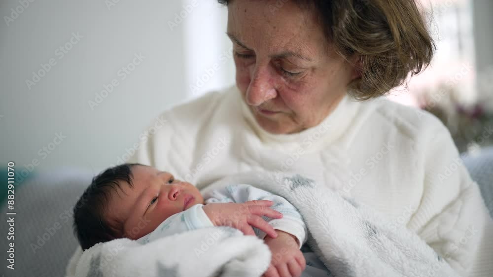 Grandmother lovingly holding newborn baby, tender family bonding moment, peaceful home interior, intergenerational connection, grandmother's care and love, nurturing family environment Grandmother lovingly holding newborn baby, tender family bonding moment, peaceful home interior, intergenerational connection, grandmother's care and love, nurturing family environment