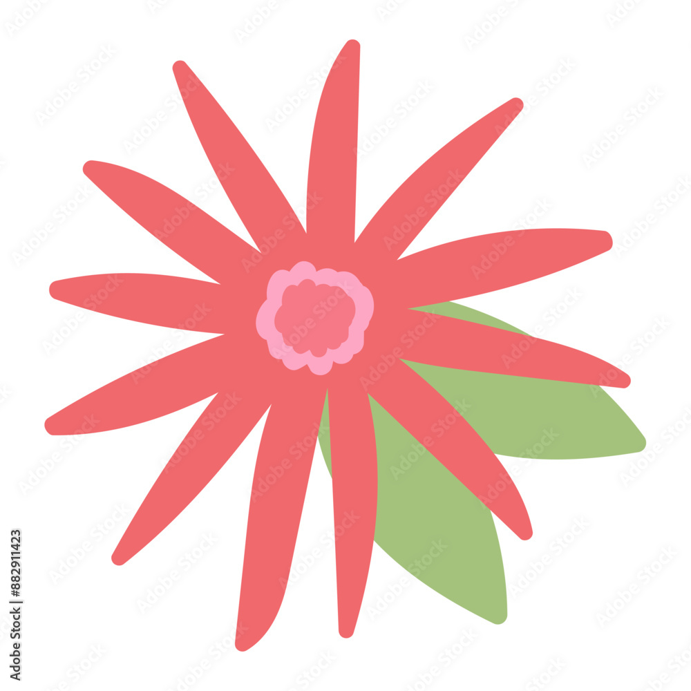 Cute simple red flower with leaves. Clip art flower for creating patterns, frames, decorating postcards, stickers. Bright red flower isolated on white background. Retro flower. Cute simple red flower with leaves. Clip art flower for creating patterns, frames, decorating postcards, stickers. Bright red flower isolated on white background. Retro flower.