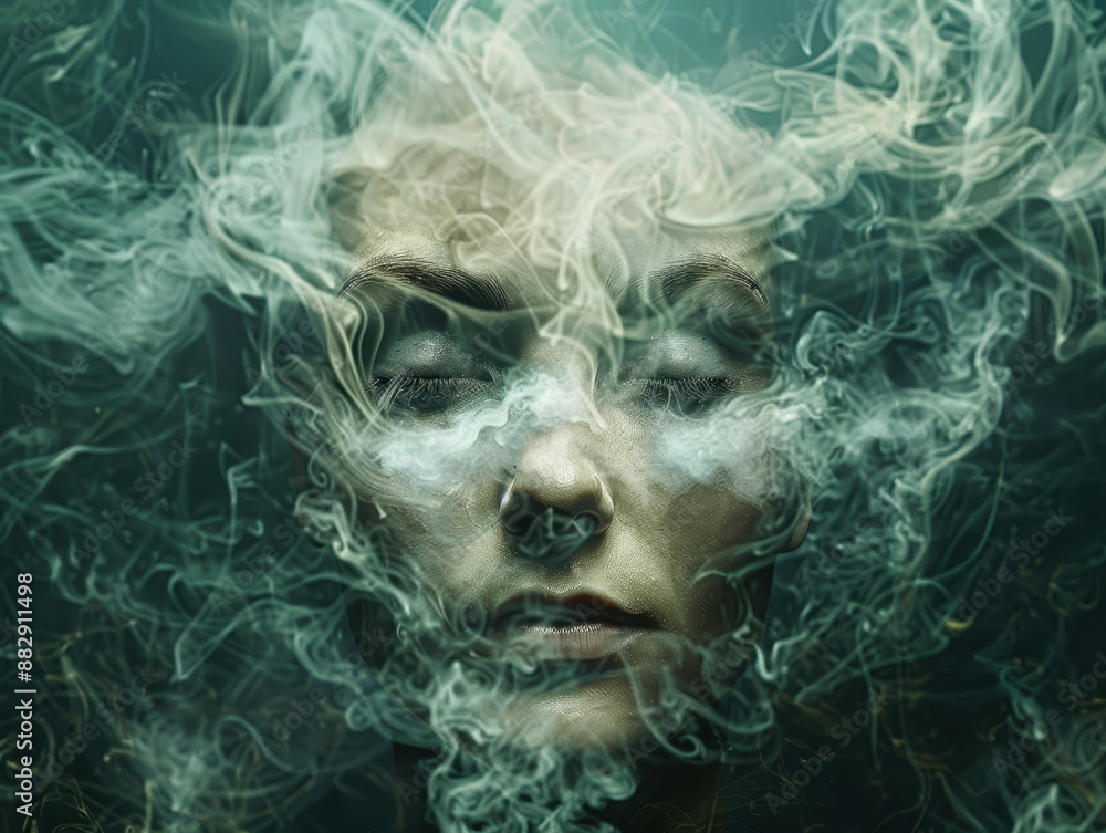 Ethereal Portrait of a Woman's Face Surrounded by Mystical Smoke and Abstract Patterns Ethereal Portrait of a Woman's Face Surrounded by Mystical Smoke and Abstract Patterns