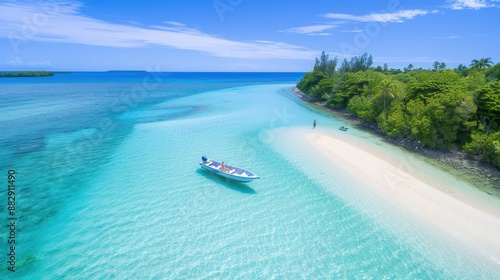 A boat is floating in the ocean near a beach