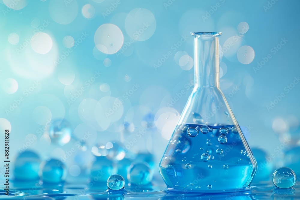 A laboratory flask with blue liquid inside, surrounded by small water bubbles, set against a bright background, digital art A laboratory flask with blue liquid inside, surrounded by small water bubbles, set against a bright background, digital art