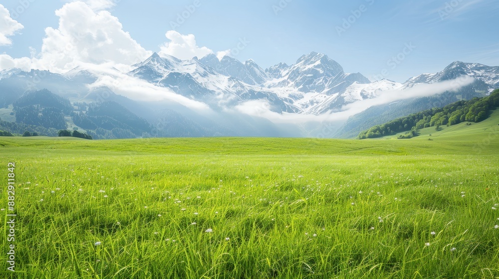A large, open field with a mountain range in the background A large, open field with a mountain range in the background
