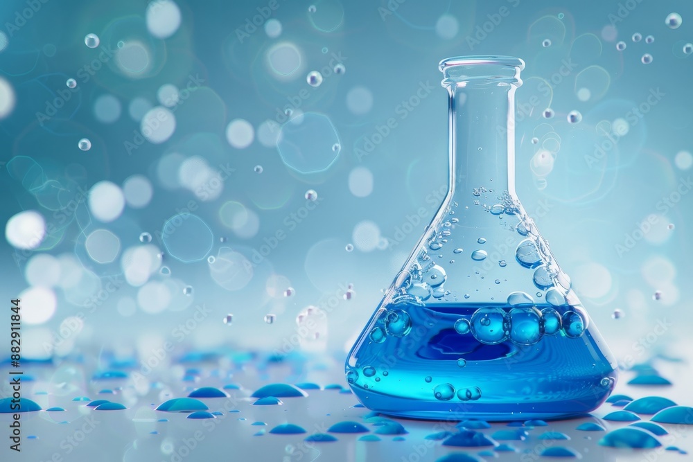 A laboratory flask with blue liquid inside, surrounded by small water bubbles, set against a bright background, digital art A laboratory flask with blue liquid inside, surrounded by small water bubbles, set against a bright background, digital art