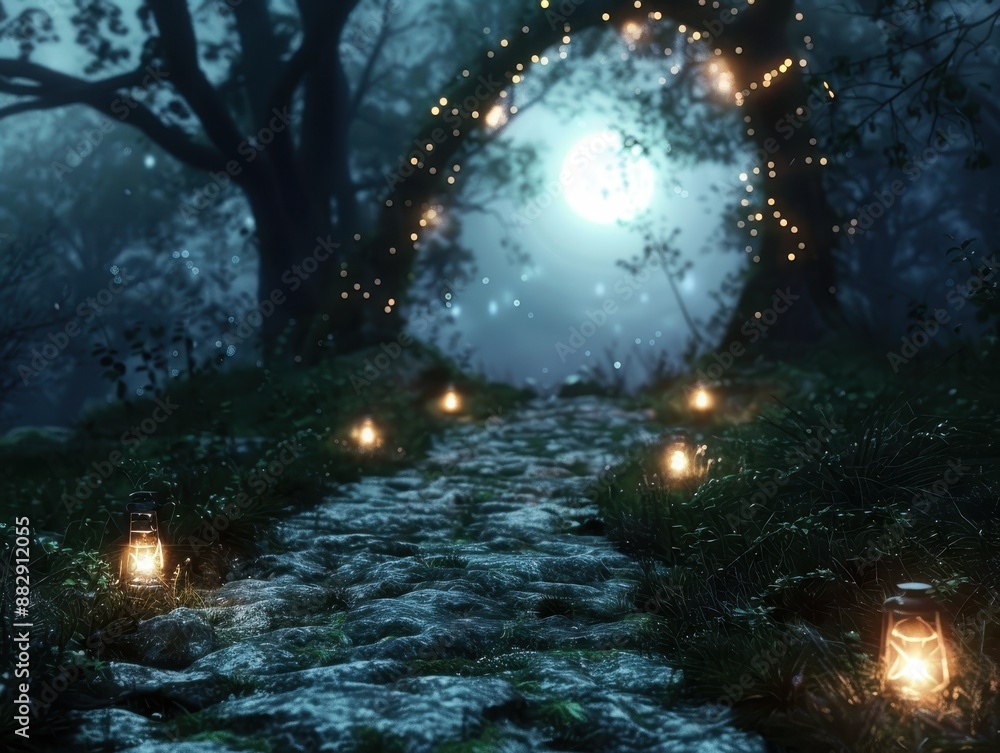Enchanted Forest Pathway Illuminated by Lanterns Under a Full Moon with Sparkling Fairy Lights Enchanted Forest Pathway Illuminated by Lanterns Under a Full Moon with Sparkling Fairy Lights