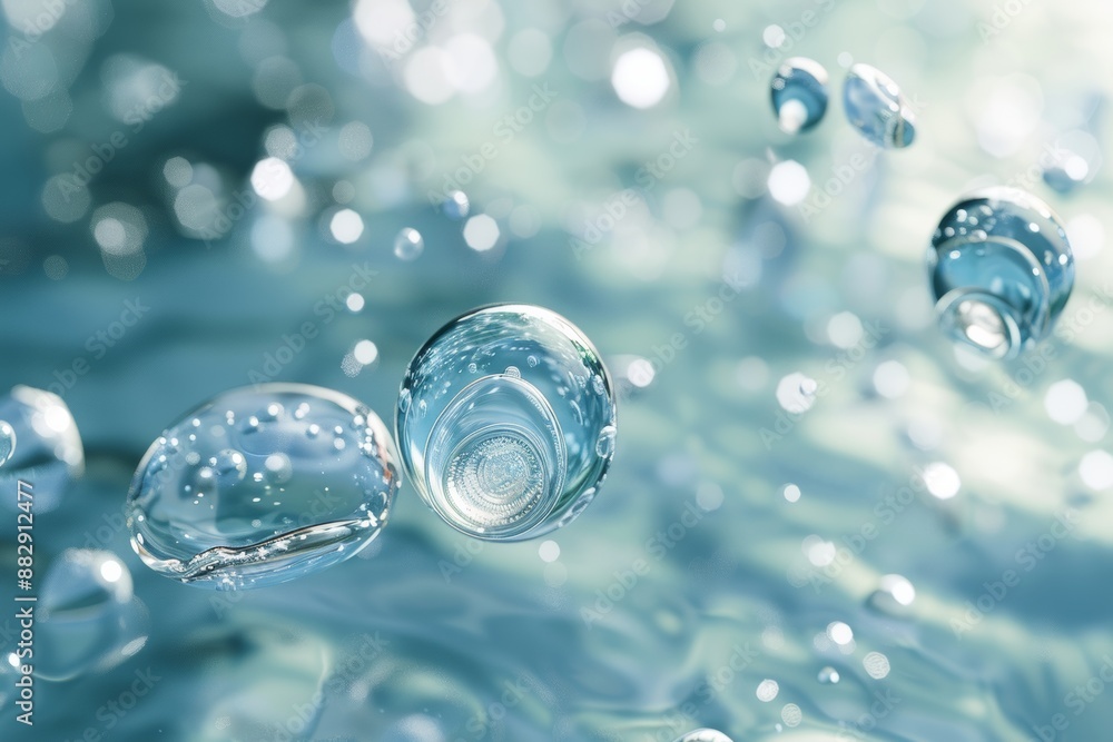 Multiple water molecules floating in clear water, showing detailed structure and transparency, digital art Multiple water molecules floating in clear water, showing detailed structure and transparency, digital art