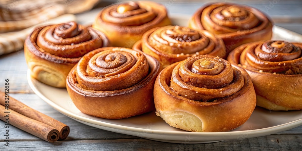 Close up of delicious cinnamon buns on a plate, cinnamon, buns, close up, sweet, dessert, baked, pastry, delicious, icing, glazed