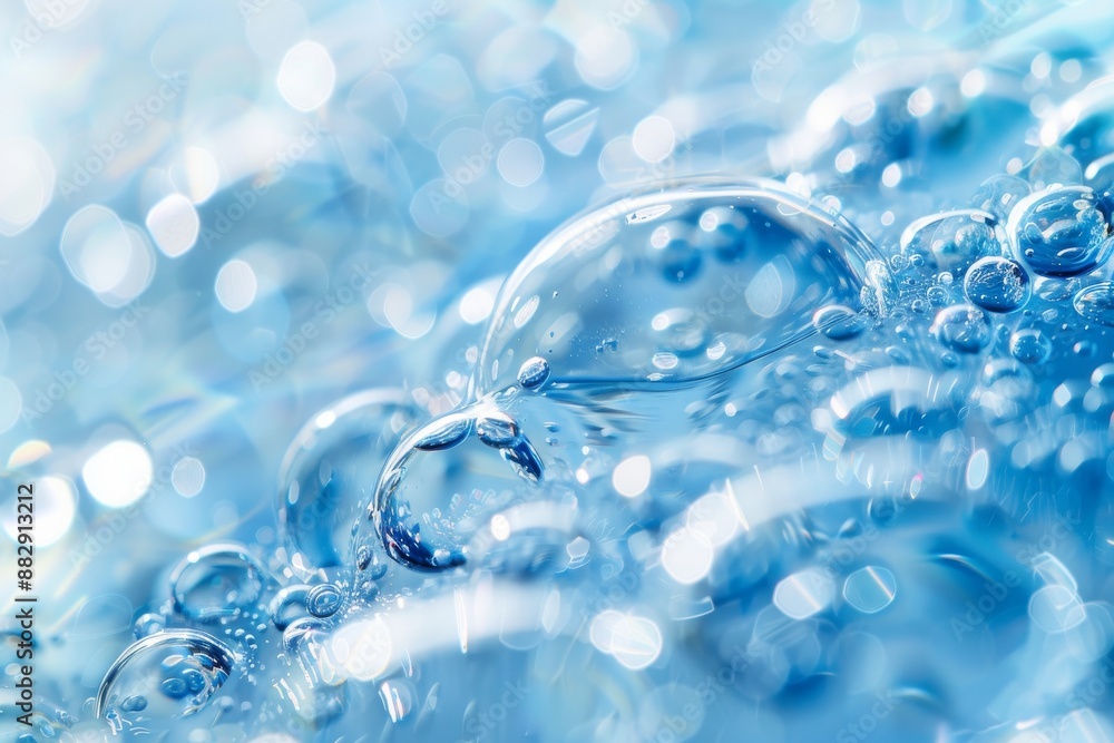 Close-up of water molecules with a light blue background, highlighting their spherical shape and transparency, digital art Close-up of water molecules with a light blue background, highlighting their spherical shape and transparency, digital art