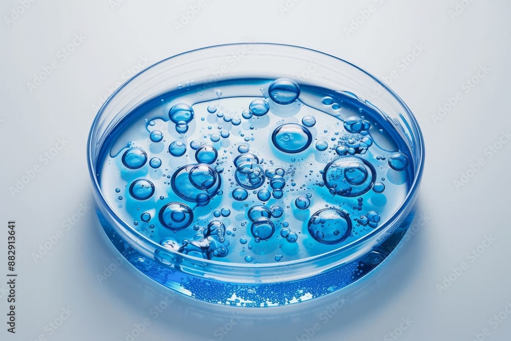 Petri dish with blue water droplets, minimalist design, set against a white background, digital art Petri dish with blue water droplets, minimalist design, set against a white background, digital art