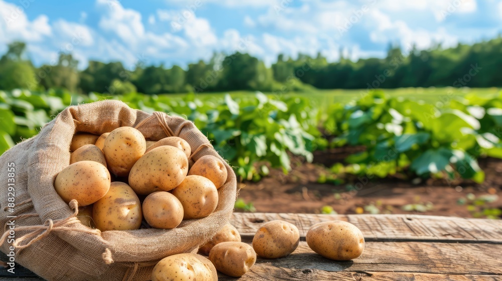 A burlap sack filled with potatoes sits on a wooden table in a field, with a background of green foliage and a blue sky with white clouds A burlap sack filled with potatoes sits on a wooden table in a field, with a background of green foliage and a blue sky with white clouds