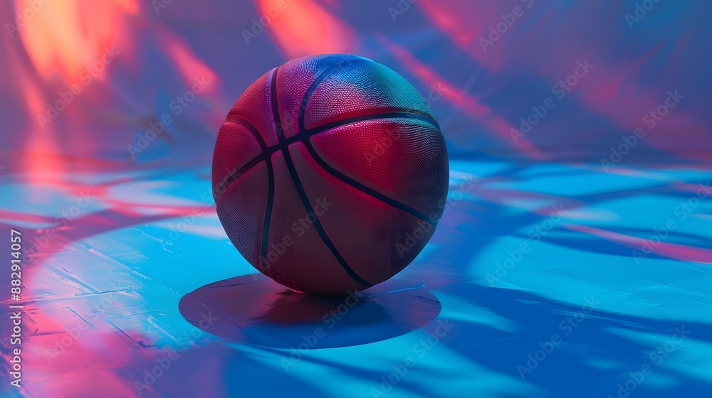 Shiny rubber surface of basketball placed on vibrant background in studio in blue light. Shiny rubber surface of basketball placed on vibrant background in studio in blue light.