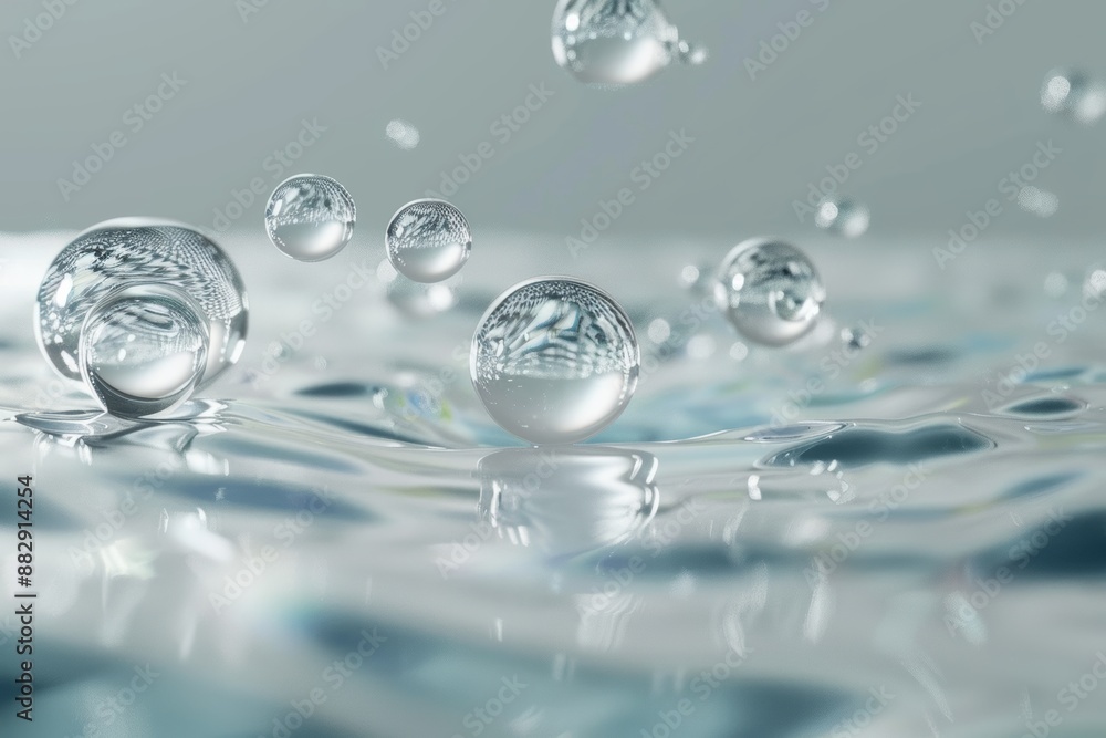 Transparent water bubbles floating in clear water, high detail and realistic, with light reflections, digital art Transparent water bubbles floating in clear water, high detail and realistic, with light reflections, digital art