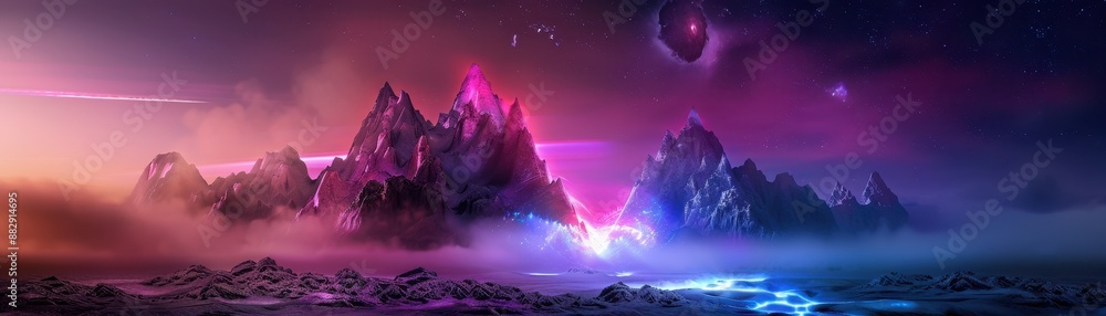 Surreal Alien Landscape with Neon Mountains and Starry Sky in a Futuristic Sci-Fi Setting Surreal Alien Landscape with Neon Mountains and Starry Sky in a Futuristic Sci-Fi Setting