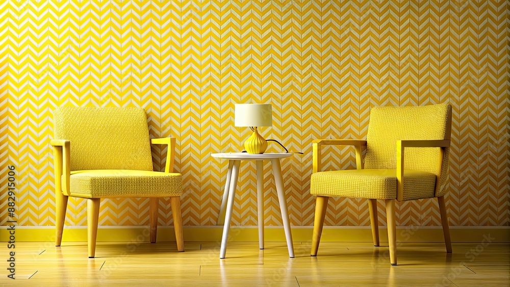 Fototapeta premium Bright yellow geometric patterns on chair and mini table perfect for sunny interiors, yellow, bright, pattern, chair