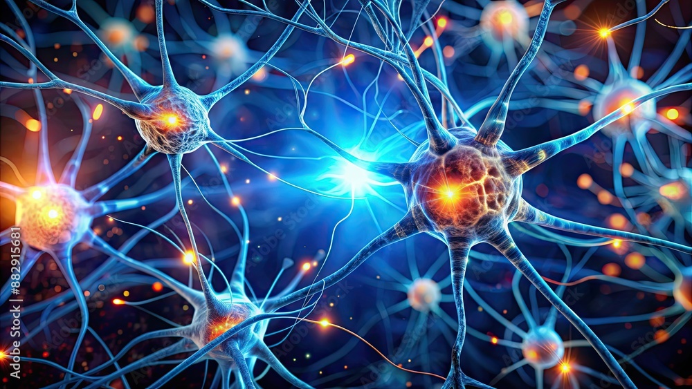 Close-up of neurons firing in the human brain, showing electrical impulses and connections, neurons, brain Close-up of neurons firing in the human brain, showing electrical impulses and connections, neurons, brain