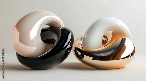 Three glossy, abstract sculptures in black, white, and gold, intertwined in a knot-like design.