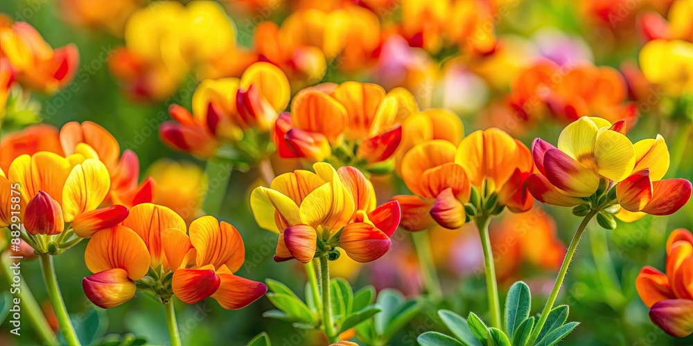 Close up of vibrant birds foot trefoil flowers in full bloom, birds foot trefoil, lotus corniculatus, flowers, blooming, close up Close up of vibrant birds foot trefoil flowers in full bloom, birds foot trefoil, lotus corniculatus, flowers, blooming, close up
