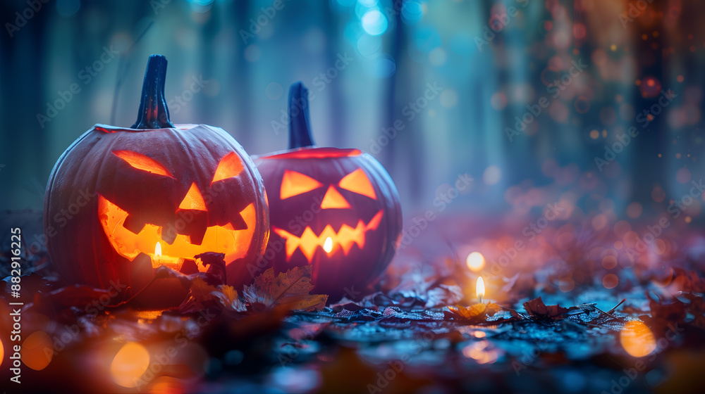 Naklejka premium evil glowing eyes of Jack O' Lanterns on the left of a wooden bench on a scary halloween night.