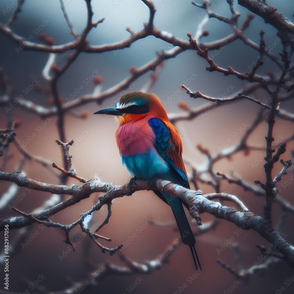 A solitary bird perched on a bare tree branch