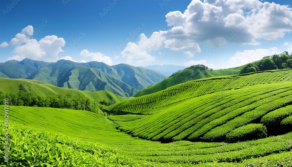 Obraz premium Beautiful landscape with green tea field, nature, travel concept
