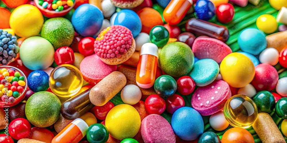 Close-Up of vibrant assorted candies and pills , colorful, close-up, various, sweets, medication, pharmaceuticals Close-Up of vibrant assorted candies and pills , colorful, close-up, various, sweets, medication, pharmaceuticals