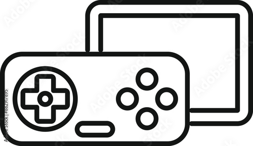 Line icon of a gamepad controlling a screen device, representing gaming and entertainment