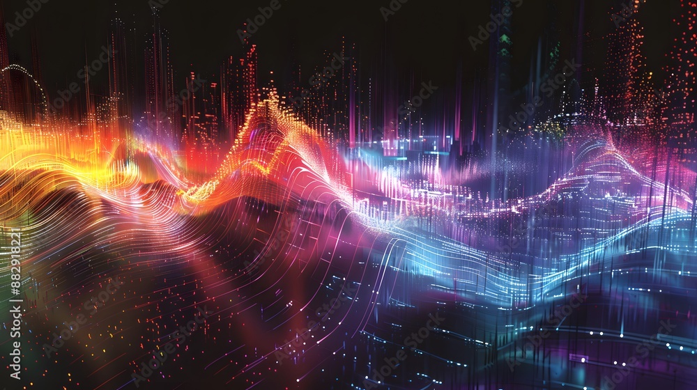 MIDI Messages: An abstract representation of MIDI data packets, including Note On, Note Off, Control Change, and Program Change, visualized as colorful data streams conveying musical performance infor MIDI Messages: An abstract representation of MIDI data packets, including Note On, Note Off, Control Change, and Program Change, visualized as colorful data streams conveying musical performance infor