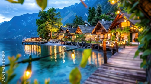 Idyllic lakeside village with charming wooden houses, illuminated at dusk, surrounded by mountains and tranquil waters.