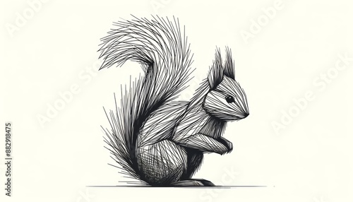 A minimalist and abstract squirrel composed of jagged lines to portray its bushy tail and energetic posture, in a simple and expressive style .