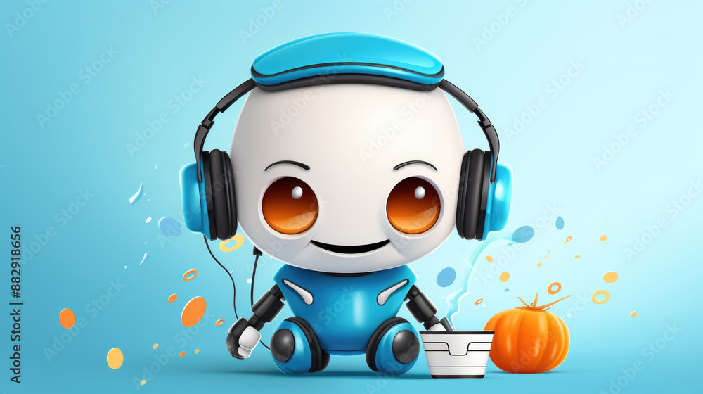 Cute robot wearing headphones with pumpkin and blue background Cute robot wearing headphones with pumpkin and blue background