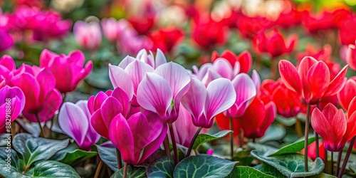 Close-up of vibrant cyclamen flowers in a colorful collection, cyclamen, flowers, close-up, colorful, vibrant, petals, bloom