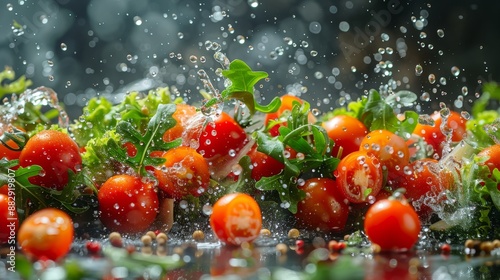 Splashing fresh tomatoes and greens - generative ai