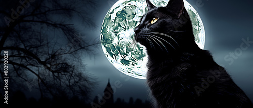 A cat with moon background. Symbol of night and home animals.
