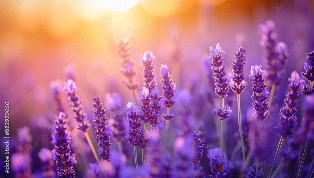 Scenic Lavender Field at Sunset. Blooming Purple Lavender Flowers in Golden Sunlight Scenic Lavender Field at Sunset. Blooming Purple Lavender Flowers in Golden Sunlight