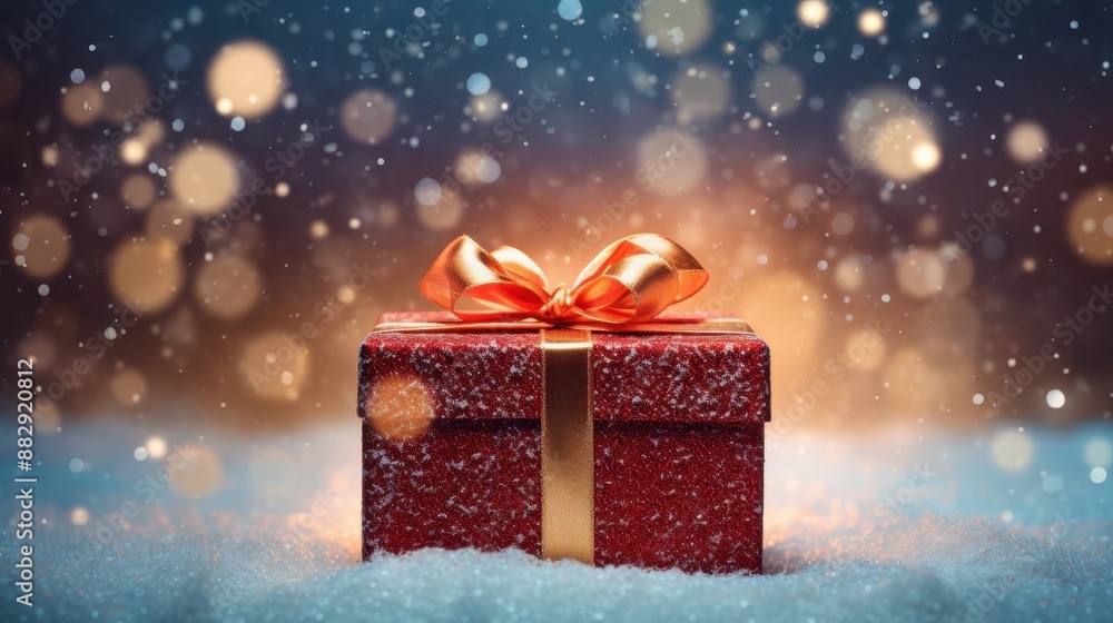 Red Christmas gift box tied with golden ribbon on snow with bokeh lights background. Festive holiday season, celebration and New Year concept Red Christmas gift box tied with golden ribbon on snow with bokeh lights background. Festive holiday season, celebration and New Year concept