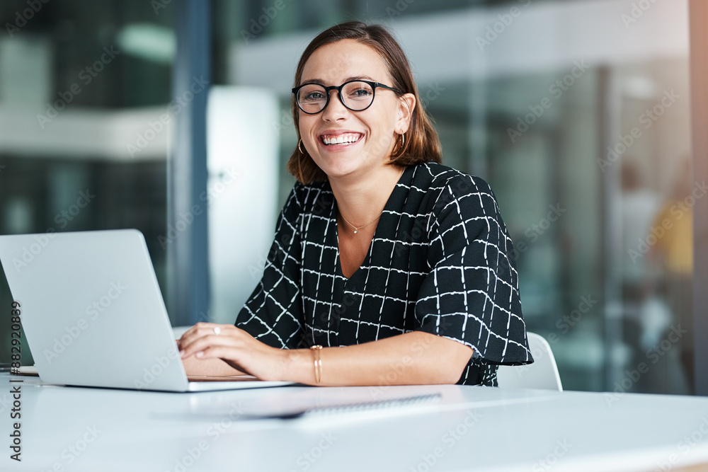 Ταπετσαρία Portrait, woman and typing in office with laptop for work as receptionist, administrative support and professional