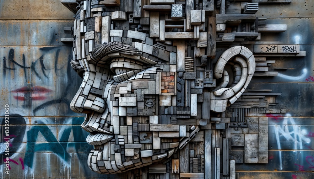 A detailed close-up of an artistic sculpture of a human face, intricately composed of urban concrete and materials like bricks and graffiti elements, . A detailed close-up of an artistic sculpture of a human face, intricately composed of urban concrete and materials like bricks and graffiti elements, .