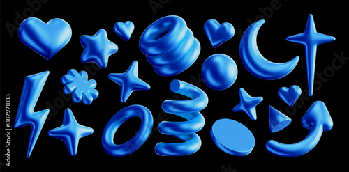 Blue 3D shapes. Metal spark and star shape, geometric heart, moon, lightning bolt and arrow. Isolated spring spiral, ring, circle plate and sphere renders. Vector set	
