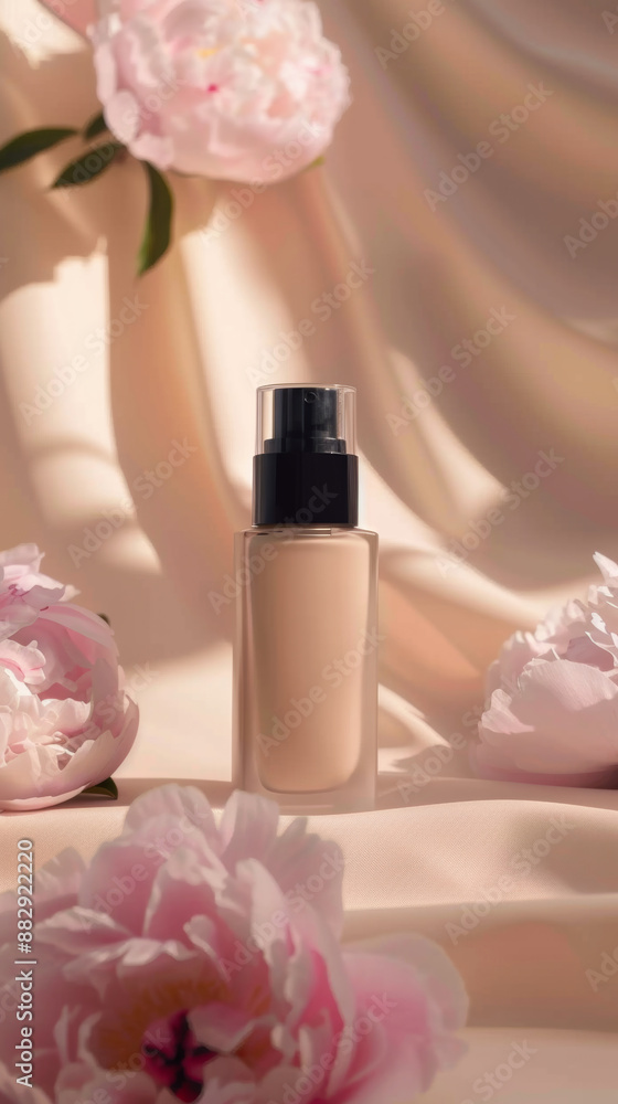 A bottle of beige foundation product with peony flowers in the background, in an advertising photography style, surrounded by soft pastel colors A bottle of beige foundation product with peony flowers in the background, in an advertising photography style, surrounded by soft pastel colors