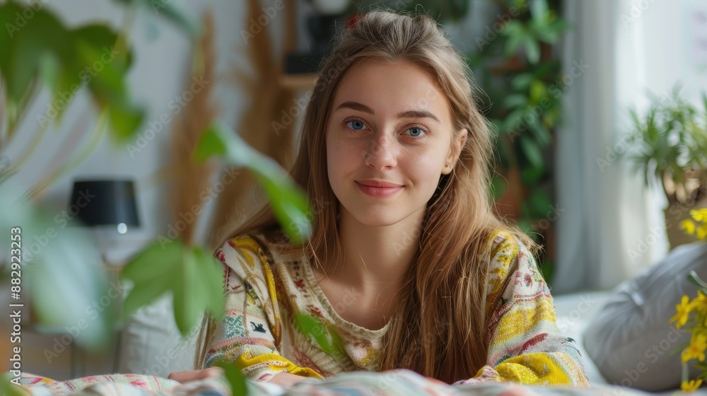 Young Woman Smiling Indoors Surrounded by Green Plants and Natural Light in Cozy Home Environment