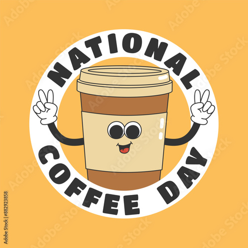 National Coffee Day banner template. Cute coffee cup character in retro groovy style
